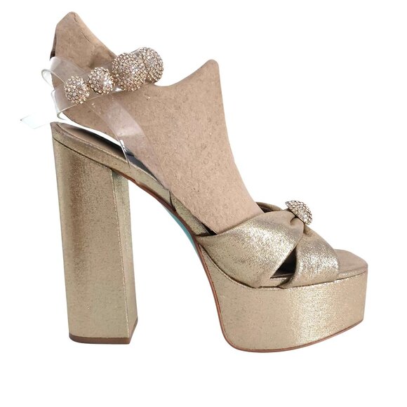 Betsey Johnson Gold Platform Heels 8.5 Rhinestone Glam Going Out Chunky Heel EUC - Picture 15 of 15